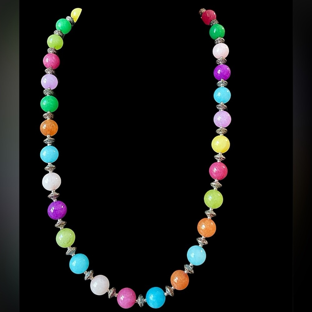 Vintage Rainbow Multi Gemstone Bead Necklace Jade Amethyst Rose Quartz +
